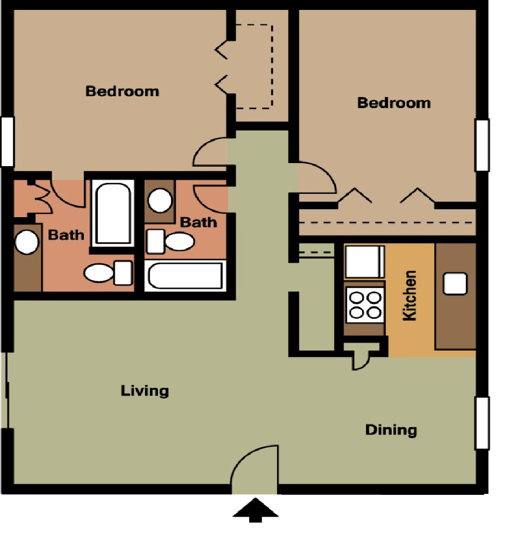 Floor plan for 2 beds, 2 baths, 1210 sqft